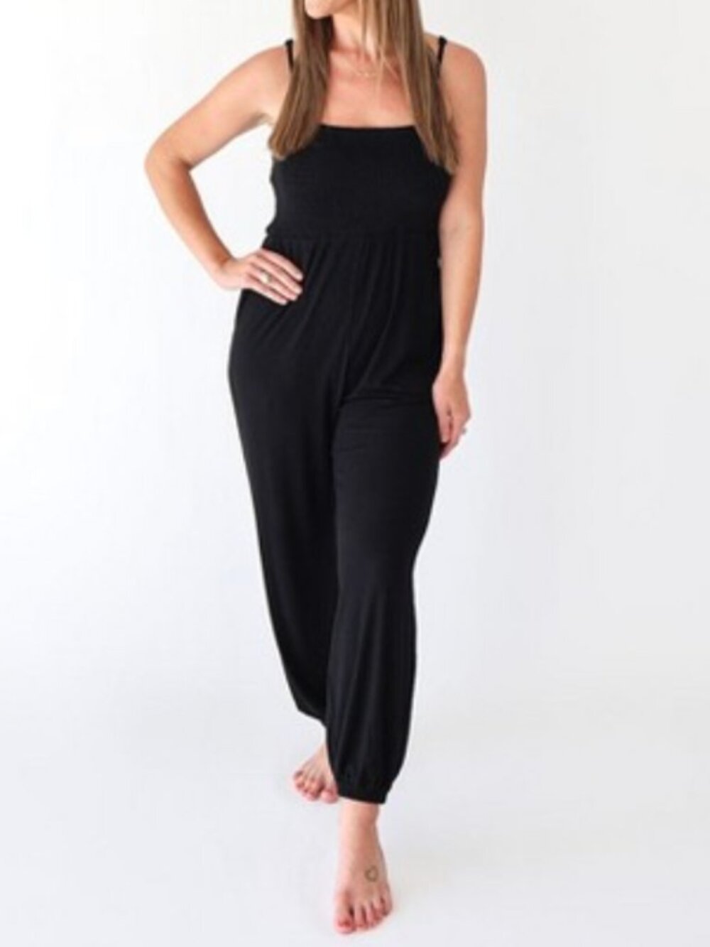 Posh Peanut Ribbed Sleeveless Smocked Jumpsuit - Black